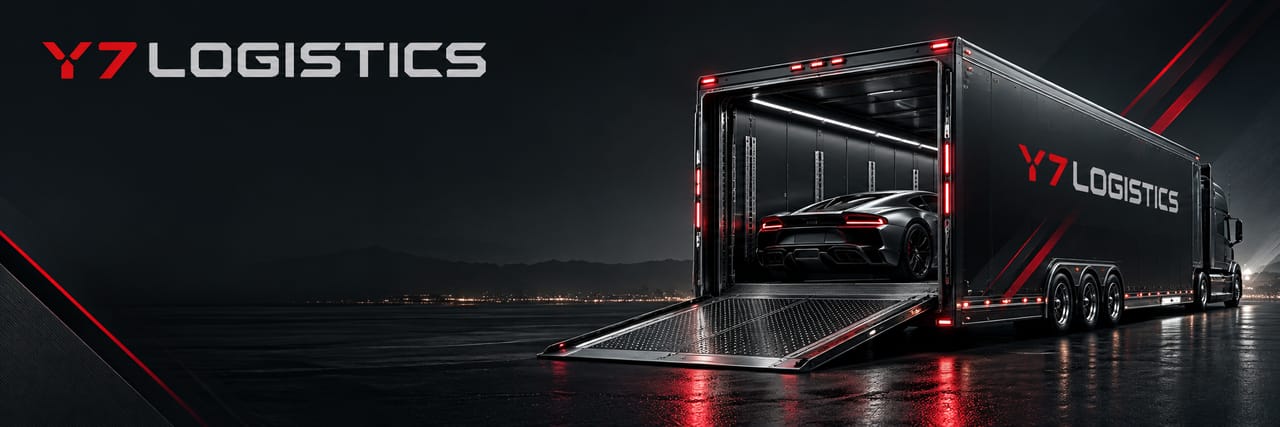 Illustration: enclosed car hauler with its ramp lowered and a sports car inside